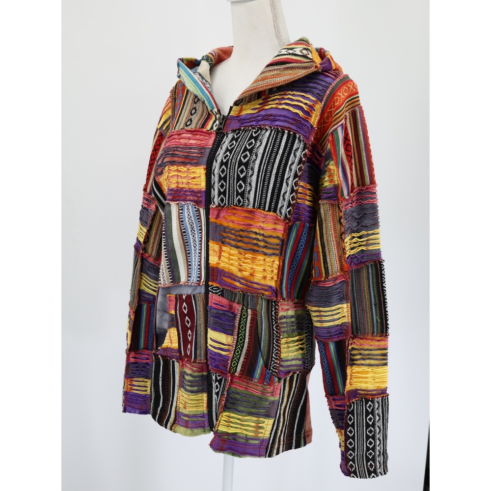 Rising International Patchwork Zip Up Hoodie Boho Whimsigoth Festival Jacket L